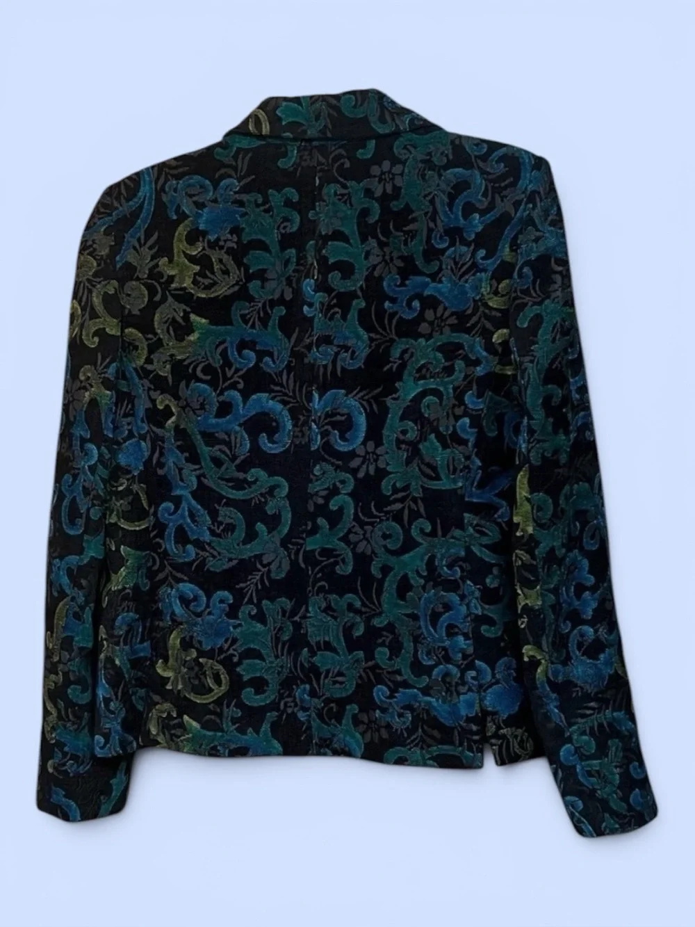Harvé Benard Black Teal‎ Velvet Damask Open Front Jacket Blazer Sz 12
